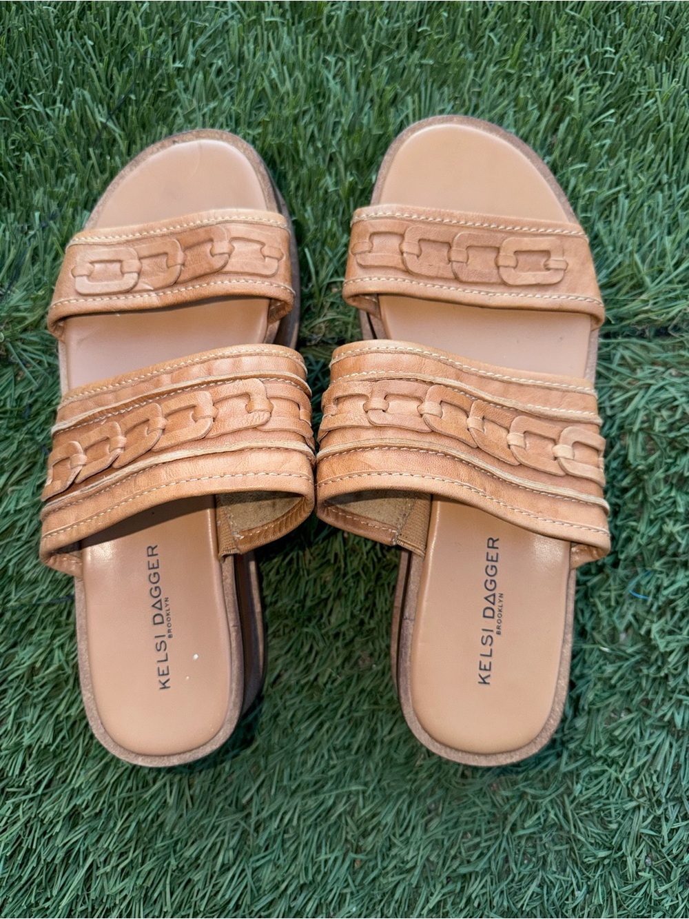 Kelsi Dagger Tan Braided Leather Slide Sandals